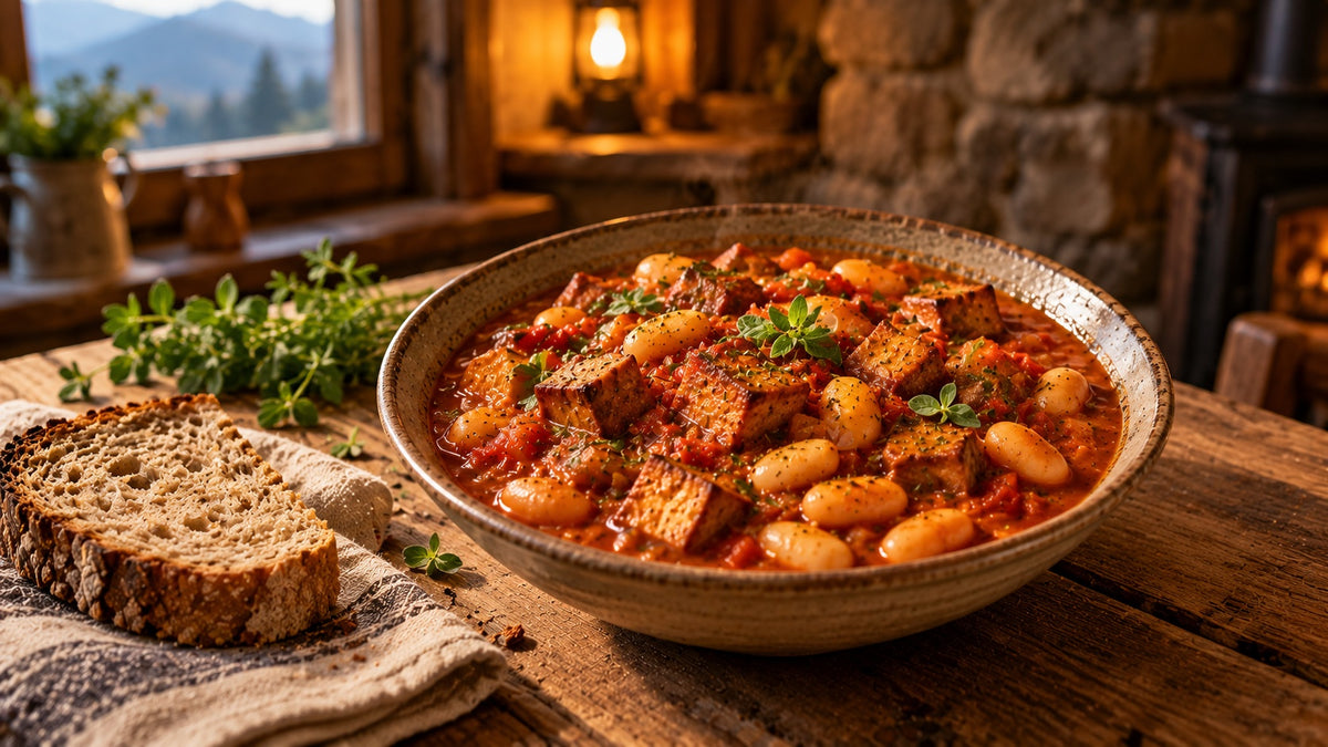 Miska wegańskiej fasolki po bretońsku z wędzonym tofu i kromką chleba